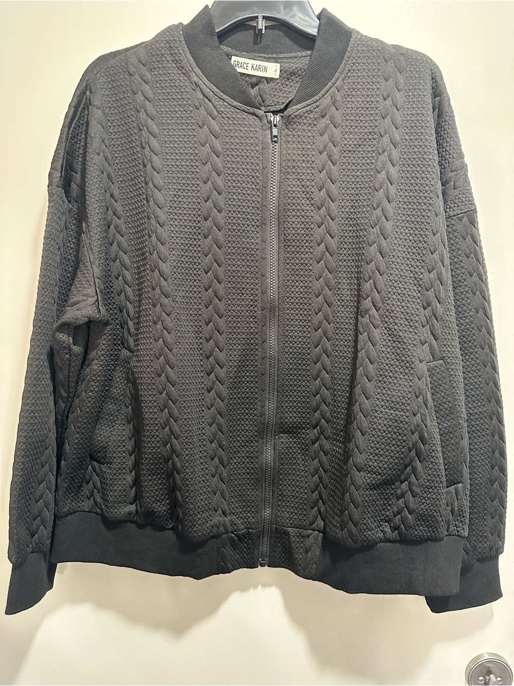 Grace Karin Women’s Black Zip-Front Cable Knit Bomber Jacket